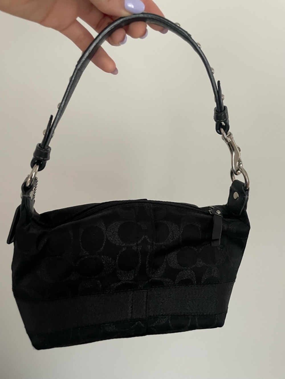 Vintage Coach Black Signature Jacquard Shoulder Bag with Leather Trim